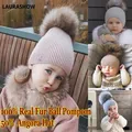 LAURASHOW-Bonnet en laine avec pompons en fourrure véritable pour bébé bonnet de sommeil chaud pour