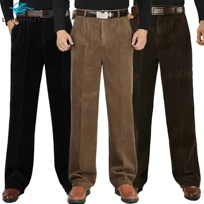 Pantalon Vintage en velours côtelé pour homme vêtement épais taille haute ample de couleur unie