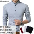 LISEAVEN — Polo à manches longues pour hommes haut en coton à col mandarin et de couleur unie