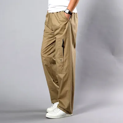 TAN5XL-Pantalon cargo noir en coton pour homme grande taille coupe droite poches latérales