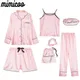 Pyjama rose à rayures en fausse soie pour femme ensemble de 7 pièces vêtements de nuit printemps