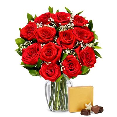 Flowers - One Dozen Red Roses with Chocolates