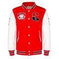 Men's Red Cotton Wool Baseball White PU Leather Sleeved Varsity Letterman Badged Bomber Jacket M