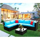 Latitude Run® 5 Pieces Rattan Sectional Seating Group w/ Cushions Synthetic Wicker/All - Weather Wicker/Wicker/Rattan in Black | Outdoor Furniture | Wayfair