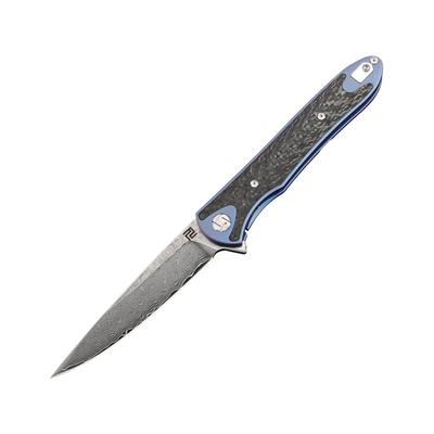 Artisan Cutlery Shark Framelock Folding Knife 5in Closed 4in Damascus Steel Blade Blue Titanium Handle With Carbon Fiber Inlay Pocket Clip Metal Tin