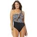 Plus Size Women's One Shoulder Mesh One Piece Swimsuit by Swimsuits For All in Black White Dot (Size 22)