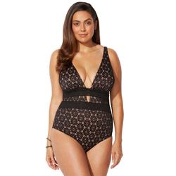 Plus Size Women's Lace Plunge One Piece Swimsuit by Swimsuits For All in Black Lace (Size 8)