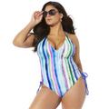 Plus Size Women's Halter Adjustable One Piece Swimsuit by Swimsuits For All in Pastel Stripe (Size 12)