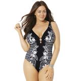 Plus Size Women's V-Neck Ring One Piece Swimsuit by Swimsuits For All in Engineered Floral (Size 6)