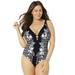 Plus Size Women's V-Neck Ring One Piece Swimsuit by Swimsuits For All in Engineered Floral (Size 6)