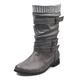 Dernolsea Mid Calf Boots Women, Pull On Flat Pixie Boots Buckle Calf Length Slouch Boots Grey Size 6