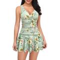 SHEKINI Women's One Piece Skirt Swimsuit Back Crisscross Swimdress Tummy Control Bathing Suit, Flower - Green, Small