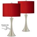 Possini Euro Red Faux Silk Brushed Nickel Touch Table Lamps Set of 2