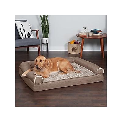 FurHaven Luxe Fur & Performance Linen Cooling Gel Top Sofa Cat & Dog Bed w/Removable Cover, Woodsmoke, Jumbo