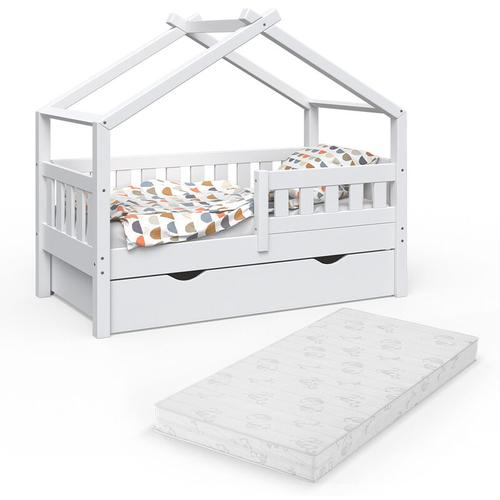 "Vitalispa - Kinderbett ""Design"" 140x70cm Weiß mit Matratze und Gästebett"
