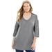 Plus Size Women's Perfect Three-Quarter Sleeve Shirred V-Neck Tee by Woman Within in Medium Heather Grey (Size 14/16) Shirt