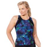 Plus Size Women's Chlorine Resistant High Neck Racerback Tankini Top by Swimsuits For All in Neon Palm (Size 10)