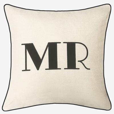 Embroidered Appliqued "Mr" Decorative Pillow by Levinsohn Textiles in Oyster Black
