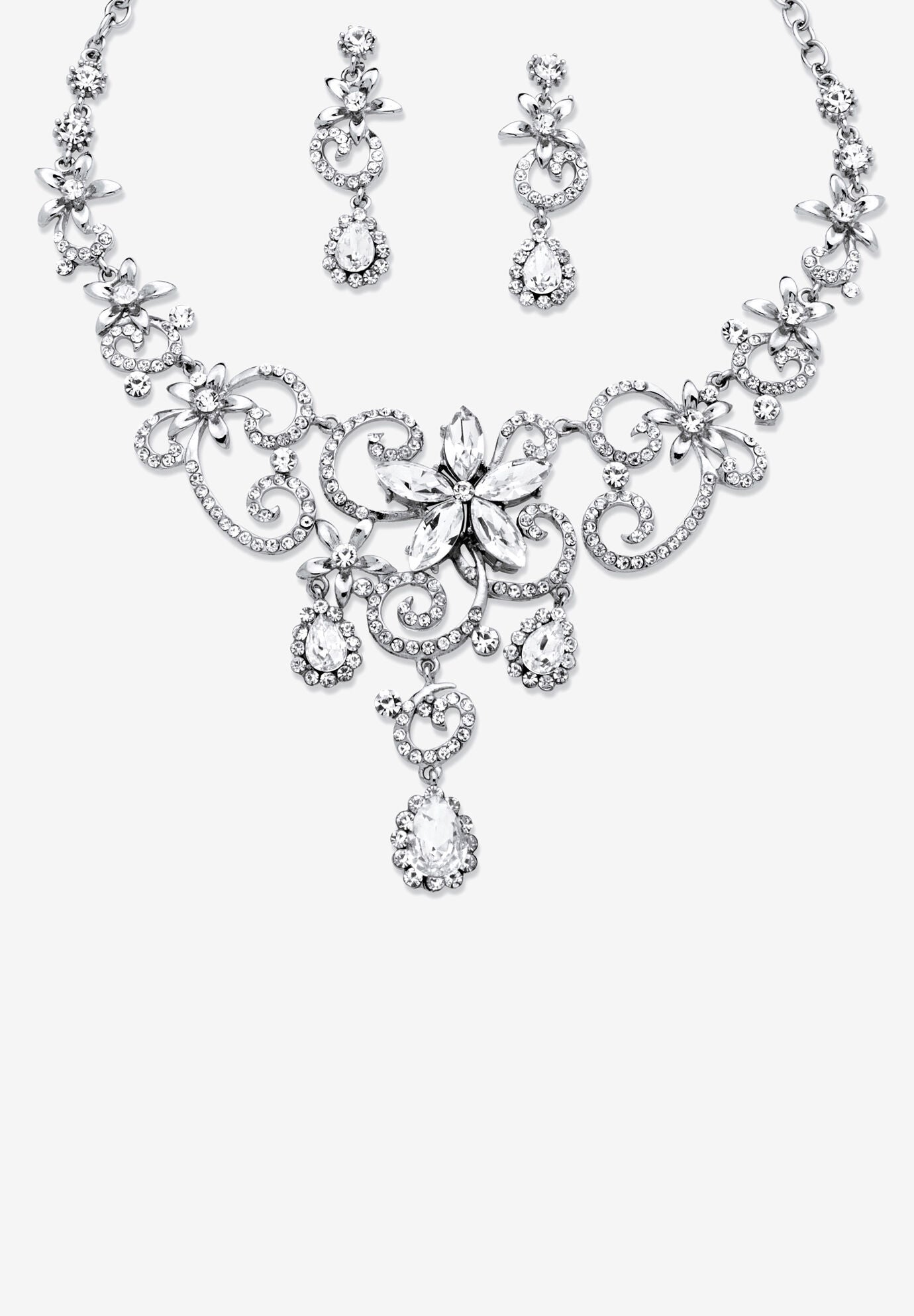 Women's Silver Tone Swirl and Flower Bib Necklace and Bracelet Set, Crystal by PalmBeach Jewelry in Silver