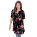 Plus Size Women's Short-Sleeve Angelina Tunic by Roaman's in Black Painted Floral (Size 14 W) Long Button Front Shirt