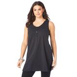 Plus Size Women's Button-Front Henley Ultimate Tunic Tank by Roaman's in Black (Size 2X) Top 100% Cotton Sleeveless Shirt