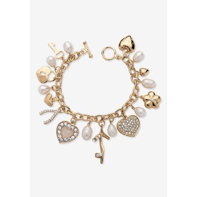 Women's Gold Tone Charm Bracelet Crystal and Cultured Freshwater Pearl 8
