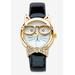 Women's Gold Tone Bowtie Cat Watch with Adjustable Black Strap 8" by PalmBeach Jewelry in Black