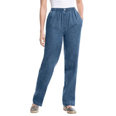 Plus Size Women's Womens Plus-Size Straight-Leg All-Cotton Denim Pull-On 7-Day Elastic-Waist Jeans by Woman Within in Medium Stonewash (Size 28 T) Pa