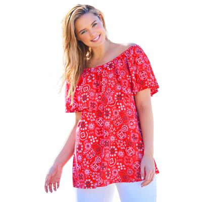 Plus Size Women's Off Shoulder Ruffle Tee by Woman Within in Vivid Red Bandana (Size 38/40) Shirt