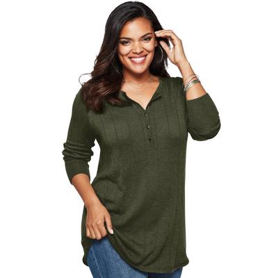 Plus Size Women's Fine Gauge Drop Needle Henley Sweater by Roaman's in Dark Olive Green (Size L)