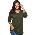 Plus Size Women's Fine Gauge Drop Needle Henley Sweater by Roaman's in Dark Olive Green (Size M)