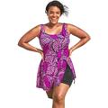 Plus Size Women's Side-Slit Swim Dress by Swim 365 in Bright Fuchsia Leaf (Size 18) Swimsuit