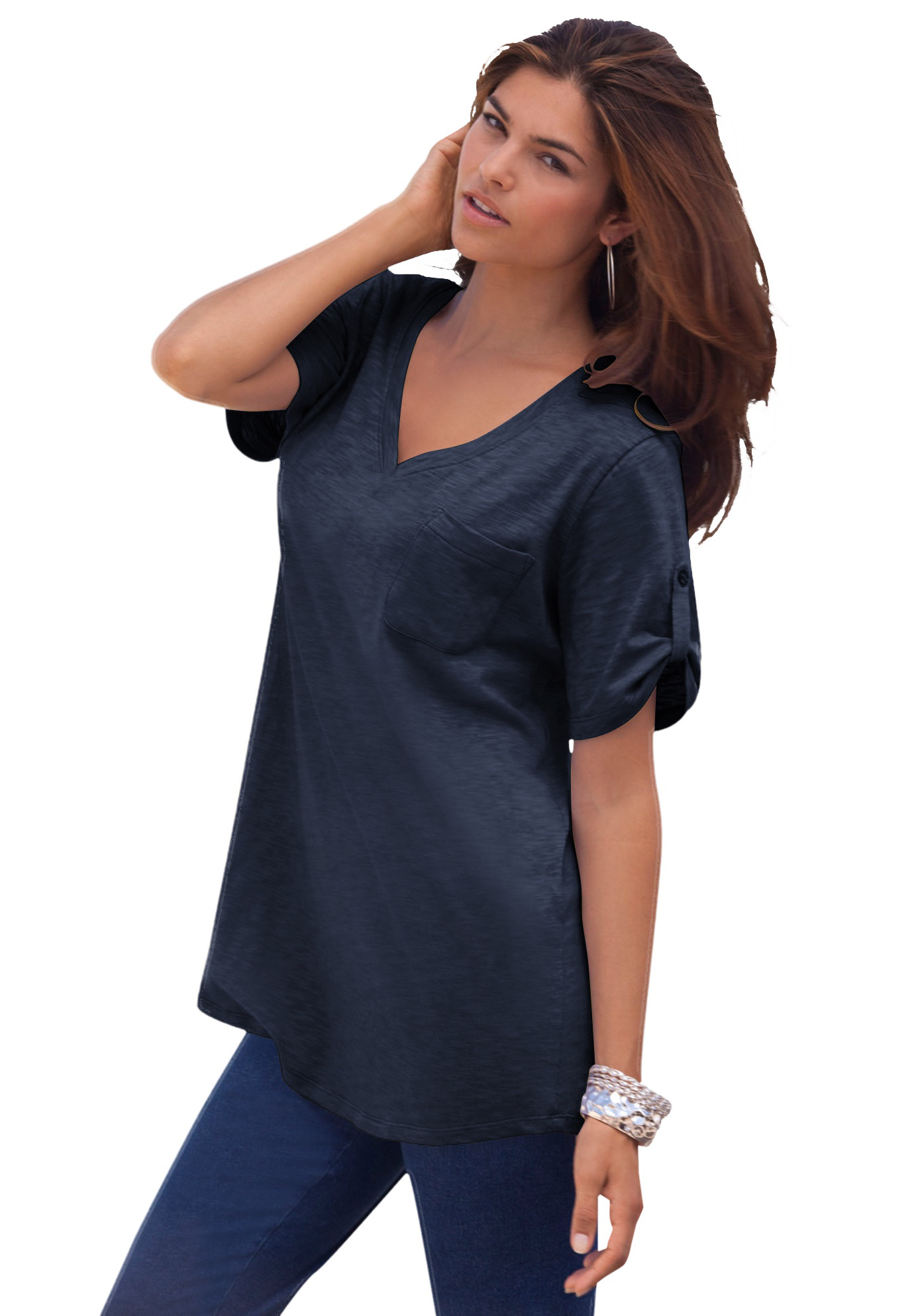 Plus Size Women's Plus Size Slub V-Neck Boyfriend Tunic Top by Roaman's in Navy (Size 5X) Long Shirt