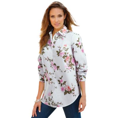 Plus Size Women's Long-Sleeve Kate Big Shirt by Roaman's in White Mixed Flowers (Size 30 W) Button Down Shirt Blouse