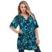 Plus Size Women's Short-Sleeve Angelina Tunic by Roaman's in Turquoise Tropical Leaves (Size 16 W) Long Button Front Shirt