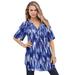 Plus Size Women's Short-Sleeve Angelina Tunic by Roaman's in Blue Abstract Ikat (Size 14 W) Long Button Front Shirt