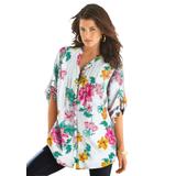 Plus Size Women's English Floral Big Shirt by Roaman's in White Hibiscus Floral (Size 30 W) Button Down Tunic Shirt Blouse