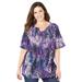 Plus Size Women's Seasonless Gauze Peasant Top by Catherines in Purple Leaf Print (Size 4X)