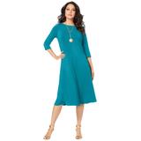 Plus Size Women's Ultrasmooth® Fabric Boatneck Swing Dress by Roaman's in Deep Turquoise (Size 38/40) Stretch Jersey 3/4 Sleeve Dress