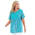 Plus Size Women's Mixed Print Henley Tunic by Woman Within in Aquamarine Batik Chevron (Size 18/20)