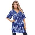 Plus Size Women's Short-Sleeve Angelina Tunic by Roaman's in Blue Abstract Ikat (Size 36 W) Long Button Front Shirt