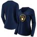 Women's Fanatics Branded Navy Milwaukee Brewers Official Logo Long Sleeve V-Neck T-Shirt