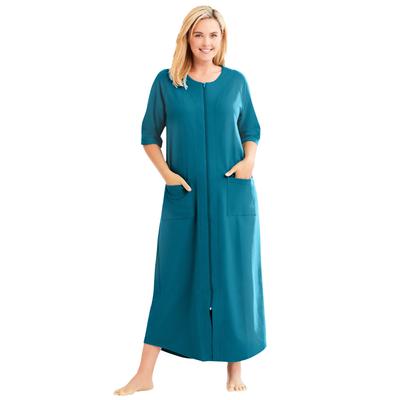 Plus Size Women's Long French Terry Zip-Front Robe by Dreams & Co. in Deep Teal (Size 1X)