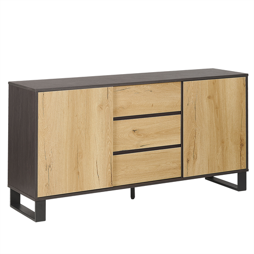 Sideboard Heller Holzfarton/Schwarz MDF Platte Metall 76x145x39 cm Modern Industriell Drei Geräumige Schubladen Stabiles Gestell Wohnzimmer