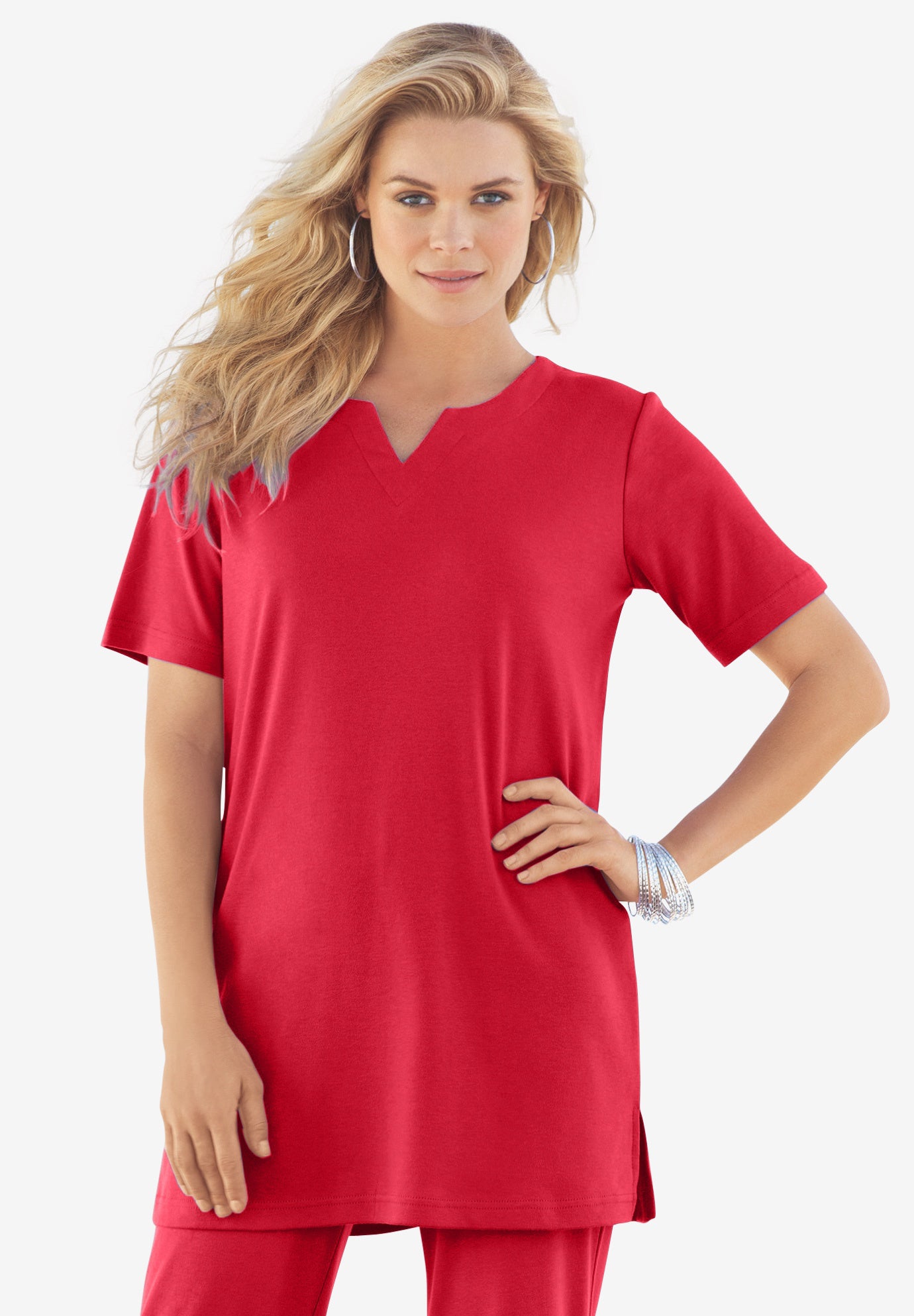 Plus Size Women's Plus Size Soft Knit Tunic with Notch Neckline by Roaman's in Vivid Red (Size 2X) Short Sleeve T-Shirt