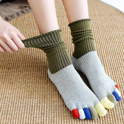 Chaussettes amusantes pour femmes 100 coton patchwork coloré longues à cinq doigts courtes