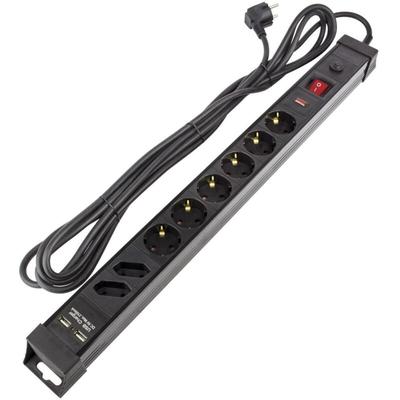 Steckerleiste 6 Schuko Steckdosen Typ F mit Überspannungsschutz + 2 Stecker Typ C + 2xUSB 5m Schwarz Image