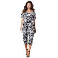 Plus Size Women's Printed Henley Capri Set by Roaman's in Black Island Leaves (Size 18/20) Matching Jersey T-Shirt and Capri Pants