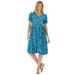 Plus Size Women's Woven Button Front Crinkle Dress by Woman Within in Deep Teal Leaves (Size 4X)