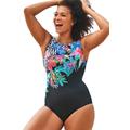 Plus Size Women's Chlorine Resistant High Neck Tummy Control One Piece Swimsuit by Swimsuits For All in Multi Floral (Size 18)